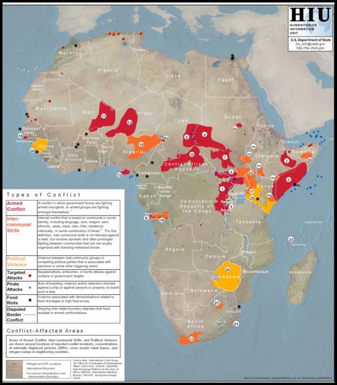 country-level map detailing conflict on the African continent from US State Department Humanitarian Information Unit